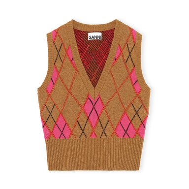 ahlens.se | V-Neck Vest Harlequin Knit, Tiger's Eye